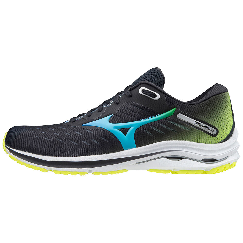 Scarpe Running Mizuno Wave Rider 24 Uomo - Nere/Blu Verde Acqua/Gialle - 79328-MJNE